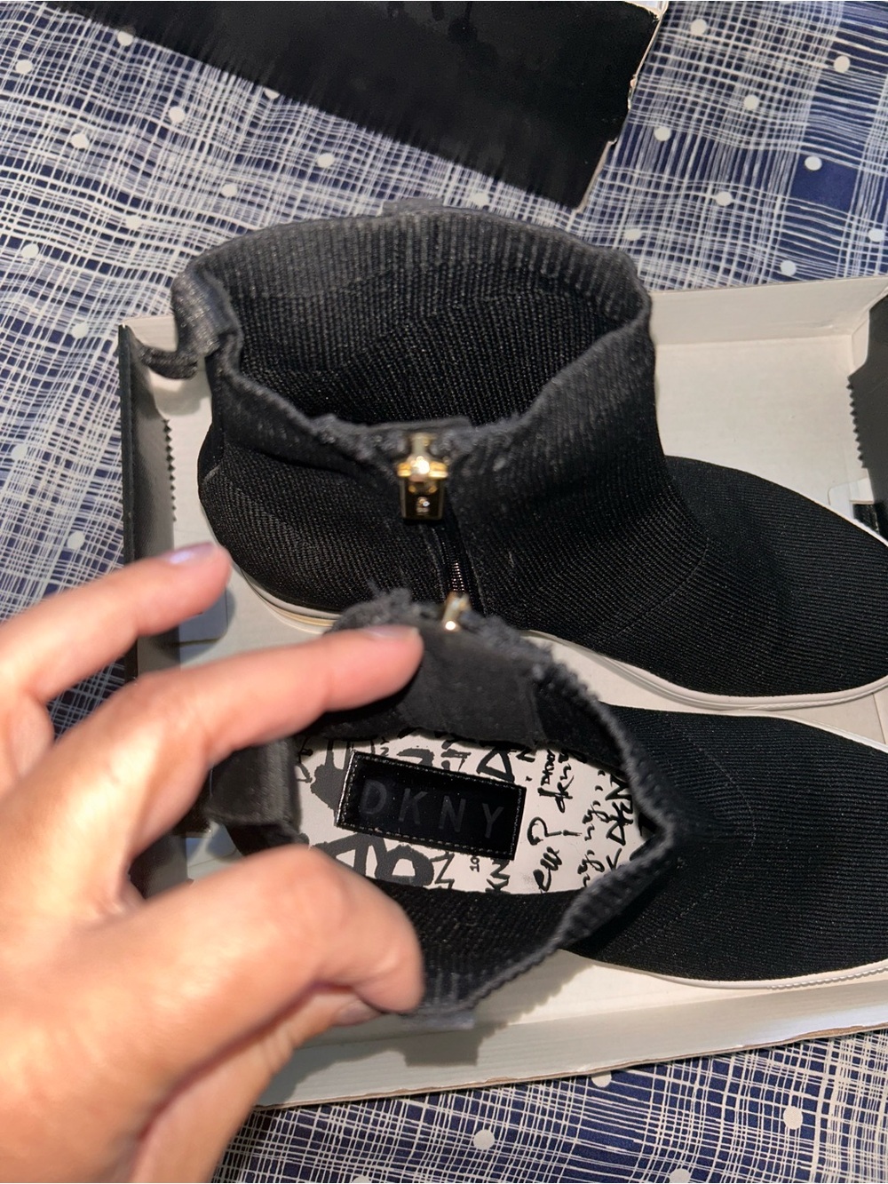 DKNY Black Knit Wedge Sneaker Boot with Gold Accents - Picture 4 of 12